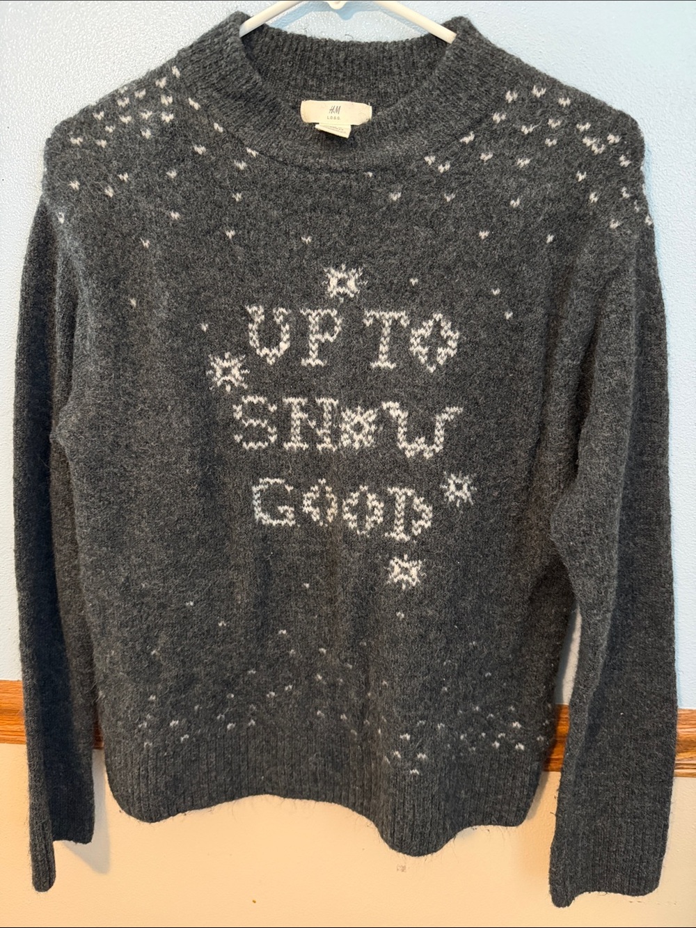 H&M L.O.G.G. Up To Snow Good Grey Holiday Winter Christmas Knit Sweater XS